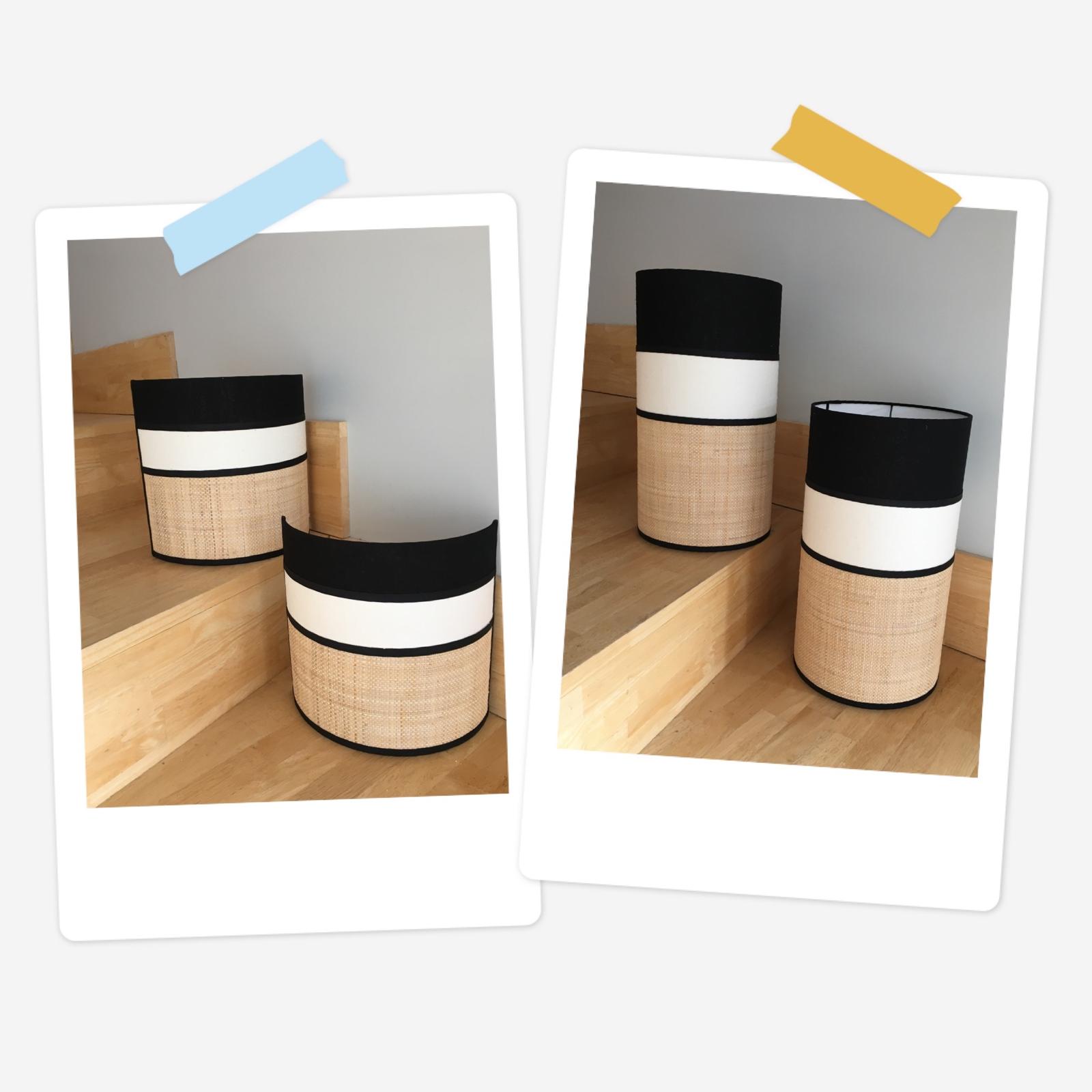 Montage photo de deux appliques cylindriques noires, blanches et naturelles